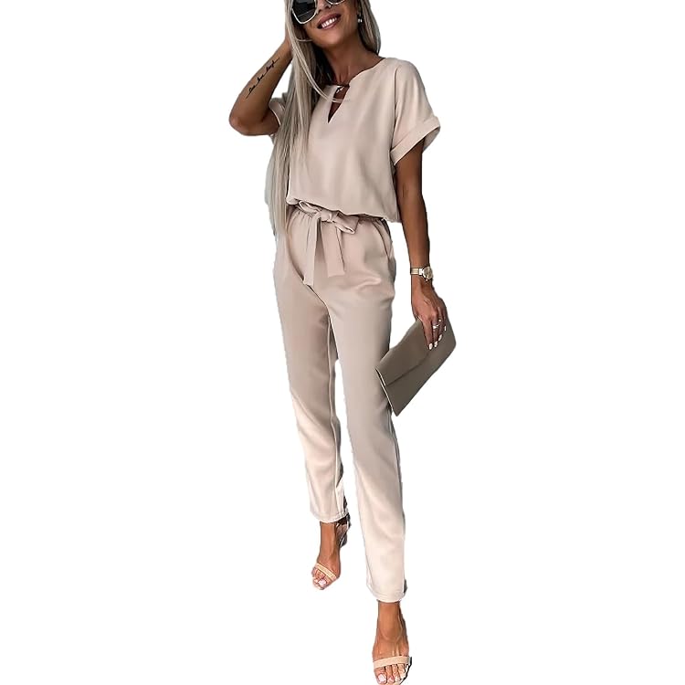 Combinaison Femme Chic - Col V, Manches Courtes, Taille Haute - Pour Bureau, Soirée - Style Décontracté