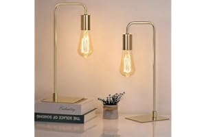 HAITRAL Gold Bedside Lamps Set of 2, Vintage Industrial Table Lamp, Simple Classic Desk Lamp with Metal Body and Square Base, Night Light for Bedroom, Living Room, Dorm