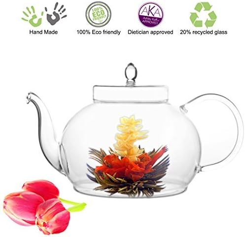 Tea Beyond Large Blooming Tea Glass Teapot Polo, 45oz/1330ml Stainless Steel Strainer Non-Drip Friendship Series