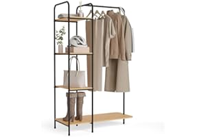 Newlux -Appendiabiti da Terra Resistente Fino a 35kg Hangy Wood 400 con Scarpiera. Attaccapanni da Terra Metallico con Grande Stabilità | Facile Montaggio | Include 4 ripiani (492x42x150cm) | Nero