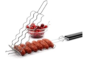 Bozaap Barbecue Grilling Basket,Metal Barbecue Sausage Rack for 6 Hot Dogs,Barbecue Baskets Grill Mesh Clip Holder Picnic Kitchen Tools
