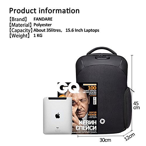 FANDARE Mode Anti Diebstahl Rucksack Laptoprucks  cke Schulrucksack Daypack Arbeit Reisen Studenten USB Port Wasserdicht Polyester Schwarz