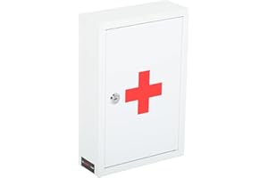 THE WORKPLACE DEPOT First Aid Medical Cabinet, White Steel Key Lock Wall Mounted Medical Emergency Cabinet with First Aid Stickers & 2 Keys for Workplace, School, Home (320(H) x 215(W) x 80(D) mm)