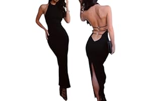 MAHUAOYIXI Vestito Lungo Donna Elegante Ragazza in Pizzo Nero Vestito Estivo Senza Maniche Donna Tinta Unita Abito da Sera Donna Vestito Elegante Donna Sexy Abito da Cerimonia Matrimonio