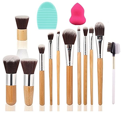 Tinabless 11pcs Makeup Brushes Set + Eyebrow Brush + Makeup Puff Sponge + Cleaning Brush Glove - Bamboo Handles Eco-friendly Makeup Brush Kit - Natural Make Up Brush Set - Vegan Beauty Cosmetics Tools - Soft Bristles Make Up Brushes with Makeup Brushes Pouch - Professional Concealer Eyeshadow Contour Lip Eyebrow Foundation Brush + Portable Bag (11pcs + Makeup Puff + Eyebrow Brush + Clean Egg)