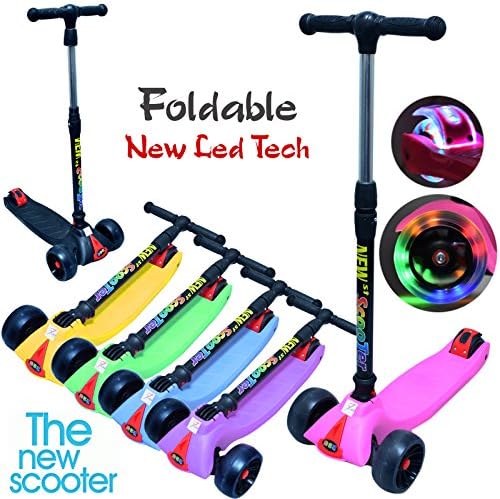 Xeo© Little Kids Three Wheel Kick Scooter - Perfect for Children Aged 3+ - LED Light-Up Wheels, Foldable Design, Adjustable Handles &amp; Lightweight Construction - T-Bar Bobbi Board for Boys / Girls / Children / Kids - Ages 5-12 (Pink For Girls)