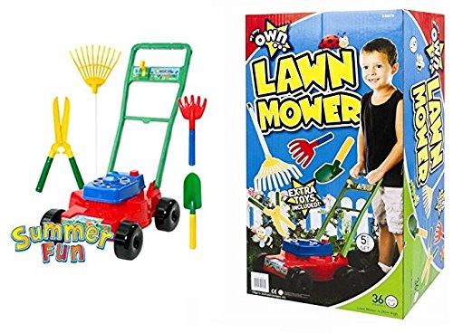 Kids Chidlren Lawnmower Garden Beach Toy 5 Piece Play Set Outdoor 28cm High Tools Fork, Rake, Trowel, Shears