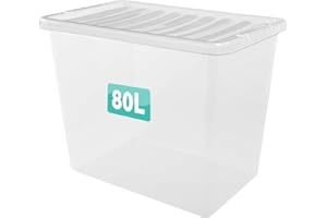 Optimal Products 1 x 80 Litre Clear Plastic Storage Box With Lids UK BRITISH MADE Home Office Stackable Transparent Plastic Boxes, Size 5,11,24,28,35,45,62 Litre
