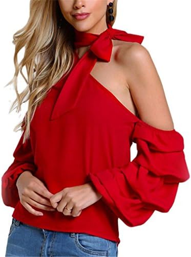 Hangyin Tie Choker Sexy Tops Asymmetric One Shoulder Blouse Women Summer Tops Bishop Sleeve Sweet Layered Blouse