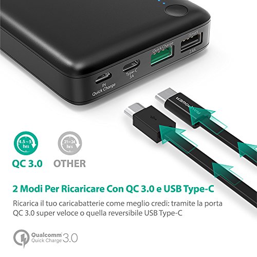 Quick Charge 3.0 Caricatore Portatile 20100mAh Type C RAVPower Caricabatterie [Qualcomm Certificato] Quick Charge 3.0 Porta USB-C / Type-C Per iPhone, Samsung, ASUS, LG, HTC, Nintendo Switch, ecc