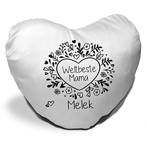 Herz-Kissen mit Namen Melek und schönem Motiv - Weltbeste Mama - in schwarz/weiss zum Muttertag