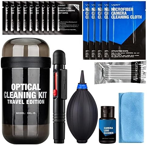 Camera Cleaning Kit，GLISTENY including 1 Double Sided Lens Cleaning Pen/1 Air Blower/1 Bottle of Alcohol Free Optical Lens Cleaning Fluid（30ml）/10 Pieces of Delicate Optical Cleaning Wipes/5 Pieces of Camera Cleaning Cloths（10cm*10cm）/1 Bag of Dust-free Cotton Swab（8 Branches）/1 Pieces of Screen Clean Soft Cloth（15cm*11.5cm）(with fluid)