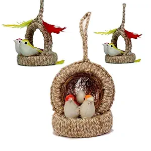 Touchy Toy Bird Nest Decor Artificial 2 Birds jute Nest Hanging for Balcony |Home Decor Wall Hanging Decorative Showpiece |Garden Decoration Crafts Outdoor (Set of 3) (jhumar)