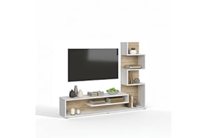 duehome | Mueble de Salón, Composición Modular de TV, Modelo Moobi 160, Acabado en Blanco y Roble Canadian, Medidas: 160 cm (Largo) x 29 cm (Fondo) x 124 cm (Alto)