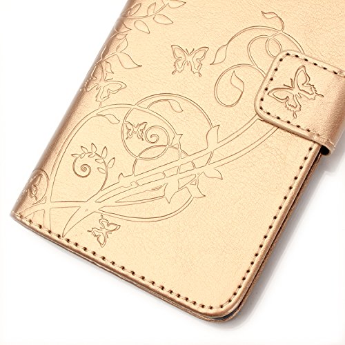 Wiko Rainbow Hülle,Wiko Rainbow 4G Ledertasche Brieftasche im BookStyle,SainCat PU Leder Wallet Case Folio Reliefprägung Schutzhülle Schmetterling Muster Hülle Braun Bumper Handytasche Skin Schale Soft Backcover Handy Tasche Flip Cover Buchstil Klapptasche in Lederoptik mit Standfunktion Karteneinschub und Magnetverschluß Etui Flip Case für Wiko Rainbow 4G (Golden) - 3