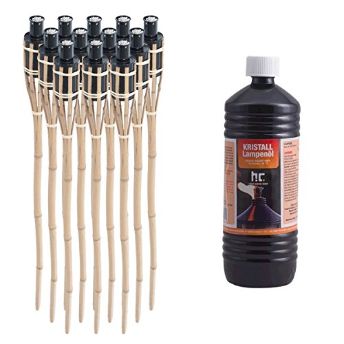 Noveste 12 x Bambusfackel Gartenfackel Bambus Fackel Gartenfackeln 90cm mit 1 Liter geruchsloses Lampenöl hochgereinigt