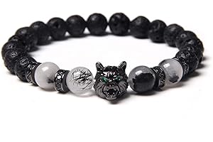 OADAA Save A Wolf Bracelet, Wolf Head Lava Rock Bracelet, Healing Crystal Stress Relief Anti Anxiety Energy Stone Beaded Bracelet, Healing Lava Bracelet for Men (Black White)