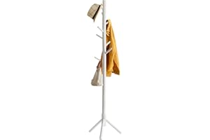 YMYNY Wooden Coat Rack Stand, Hall Tree Free Standing with 8 Hooks, Hallway Coat Hanger Hat Stand for Bag Umbrella Clothes Scarves, Adjustable Sizes, White HD-HRF-1194