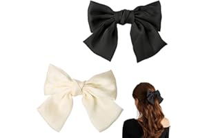 ZEVONDA 2 Pack Bow Hair Clips - Silky Satin Ribbon Hair Bows Barrettes with Metal Clasp Bow Hair Pins Solid Color Sweetness butterfly Clips Hair Accessories for Girls Women, Black+Beige