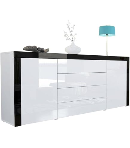 Buffet Dressoir Sylt V2 - 166x72x35 Cm - Corps Blanc Mat, Façades Blanc Brillant Avec Décor Mûre - 2 Portes, 4 Tiroirs