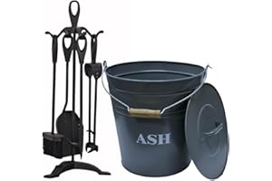 Trendi Fireside Ash Carrier Metal Hot Tidy Box Container/15L Ash Bucket with Lid| Fireplace Pan Bucket Bin| with 5 Piece Cast Iron Loop Design Companion Set (Companion Set + 15L Ash Bucket)