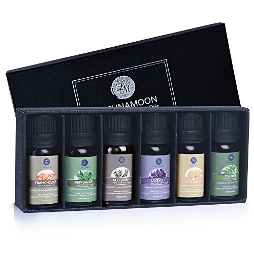 Lagunamoon Essential Oils Top 6 Gift Set - Lavender,Tea Tree,Peppermint,Rosemary,Lemon,Frankincense - Therapeutic Essential Oil 10ml each bottle, 6 Pack