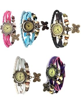 worldcraft Einzigartige Design-Vintage Leder 5Multicolor Schmetterling Armband Armbanduhr Geschenk Set für Mädchen...