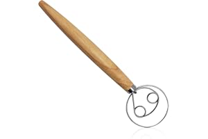 LENPESTIA Dänischer Teigbesen 13 Zoll Dänische Teig Schneebesen Edelstahl Doppellöchern zum Schnellen Mischen mit Holzgriff Brotteig Schneebesen für Backen, Brot, Teig, Gebäck, Dessert, Pizzateig