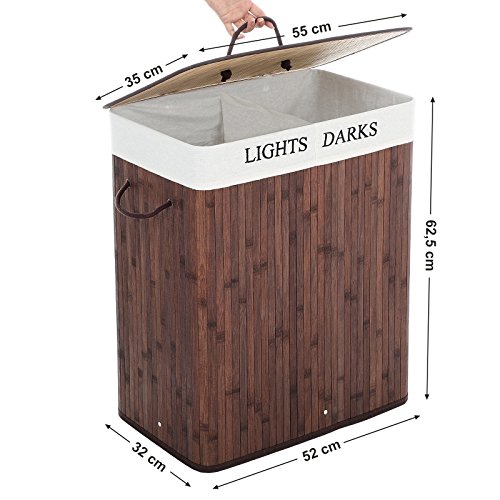 Songmics 100L (62,5 x 52 x 32 cm) Wäschekorb Bambus Faltbar Wäschebox mit 2 Fächern Wäschetonne mit herausnehmbaren Wäschesack Braun LCB64Z - 5