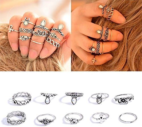 ODN Vintage Silver/Gold Boho Women Arrow Moon Midi Finger Knuckle Rings 10Pcs (Silver)
