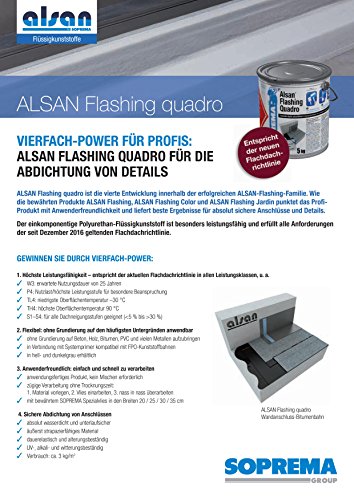 ALSAN Flashing Quadro – 5,0 kg/Gebinde – RAL 7012 basaltgrau – einkomponentiger Polyurethan – Flüssigkunststoff zur absolut sicheren Herstellung von Details und Anschlüssen im Flachdach – erfüllt alle Anforderungen der aktuellen Flachdachrichtlinie 2016 – Anwenderfreundlich, einfach und schnell zu verarbeiten – Verbrauch: ca. 3kg/m2 | Anwendungsfertiges Produkt, kein Mischen erforderlich – zügige Verarbeitung:1.Material vorlegen,2.Vlies einarbeiten *separat erhältlich 3.nass in nass überarbeiten - 8