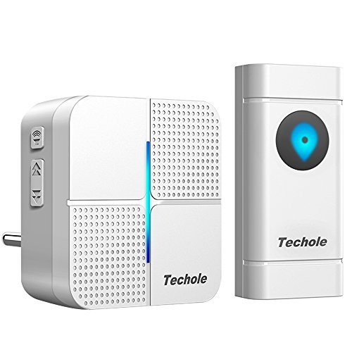 Preisvergleich Produktbild Techole Funkklingel Türklingel, IP55 Wasserdicht Tragbares Türklingel kabellos Set, 300m Kabelloser Reichweite, 52 Klingeltöne, 4 Lautstärkestufen, 1 Empfänger & 1 Sender, mit Ton und LED Blitz, Weiß