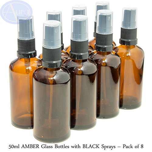 50ml AMBER Glass Bottles with Black ATOMISER Sprays - PACK of 8