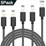 TNSO [5 Pack] iPhone Charger Extra Long Lightning Cable USB Charger Cord Nylon Braided 8 Pin Compatible with iPhone X/8/8 Plus/7/7 Plus/6/6 Plus/6S/6S Plus/5/5S/SE,iPad,iPod (Black and white)
