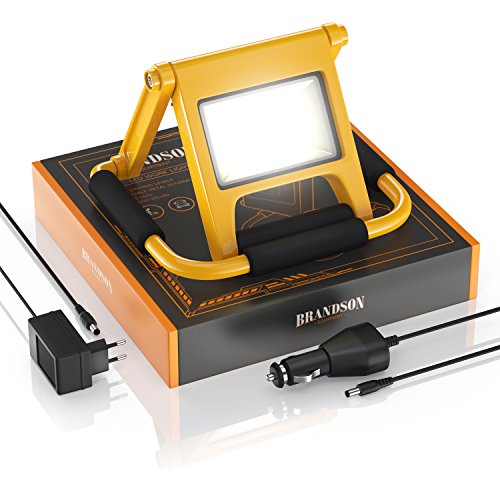 Brandson – LED Baustrahler mit AKKU im Slim-Design | einklappbare Arbeitsleuchte / Arbeitsscheinwerfer | LED Fluter | inkl. Standgestell und Tragegriff | 2 Dimmstufen (50% + 100%) | Lade-Indikator (rot/grün) | zusammenklappbar | 600 Lumen | Innen- und Außenbereich / IP44 (spritzwassergeschützt) | Energieklasse A+ - 5