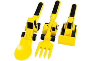 TIANBI Juego de 3 cubiertos para niños, con temática de arquitectura, vajilla de coche, innovador juego de utensilios para inspirar a los niños a comer, tenedor de tractor, cuchara y excavadora