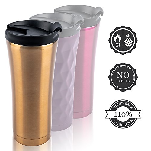 PureDesign Taza Termica 500ml de café para Ilevar (0.5L) Grande. Oro Termo Taza Acero Inoxidable - 110% de devolución de Dinero GARANTÍA, llévatelo con la Tapa a Prueba de Fugas