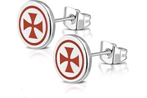 BlackAmazement Juego de 2 pendientes de acero inoxidable 316L, diseño de la Orden Templer y cruz de hierro templario, color rojo