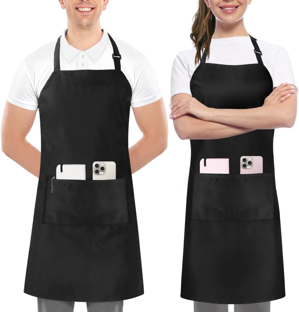 Utopia Kitchen Lot de 2 tabliers à bavette réglables avec 2 poches, résistants à l'eau et à l'huile, tablier de chef de cuisine pour femmes et hommes, Noir