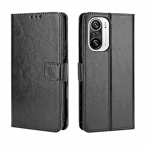 Genuine Leather Finish Flip Cover for Redmi 11x | Inside Pockets & Inbuilt Stand | Wallet Style Back Case | Magnetic Lock (Black)