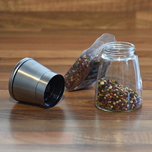 ALBARGO – Salzmühle – Pfeffermühle im 2er Set, manuelle Kräutermühle – Gewürzmühle mit Keramikmahlwerk verstellbar, für Gewürze Salz Pfefferkörner Meersalz Chili, Salz & Pfeffermühle Glas / Edelstahl - 3