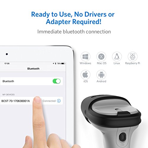 Inateck Lector de Código de Barras Inalámbrico Bluetooth ,15 Días de Uso Ininterrumpido de la Batería, Distancia 35m, Rápida y Precisa de Lectura Automática, BCST-70