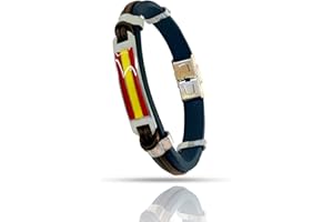 Only faith Pulsera Bandera España Pulsera de Cuero piel genuino Hombre Acero inoxidable Ajustable Bandera Paracord Amarillo y rojo negro Regalo para Hombre