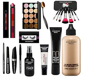 Eaglehunt Mac combo Makeup Kit For Girls (set of 13) 15 shade Concealer Platte, Face and Body Foundation, BB Cream, Kajal, 3in1, 5 in 1 Lipstick, Foundation Brush, Brush set of 7, Fixer