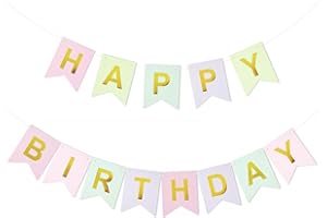 BETESSIN Happy Birthday Banner - Pastel Gold Letters Garland for Baby Boys Girls, Baby Shower, Christening - Party Supply for Living Room, Home, Garden Decoration