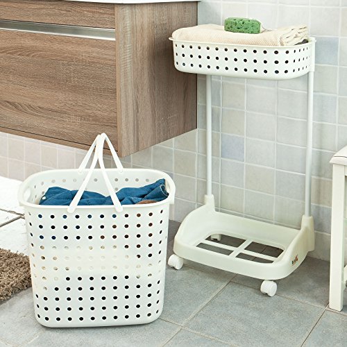 SoBuy® Wäschewagen, Badregal, Aufbewahrungswagen, Wäschesammler, Wäschebox, Wäschekorb mit 2 Körben, FRG30-W - 3