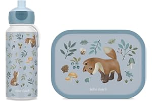 Mepal - Pausenset Campus Little Dutch - Set für Kinder mit Pop-up Trinkflasche & Lunch Box - Lunch-Set für die Schule oder unterwegs - Spülmaschinenfest - 400 + 750 ml - Forest Friends