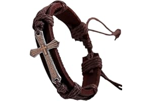 Branets Mens Leather Bracelet Bible Text Cross Bracelet Adjustable Wristband Brithday Gift for Men and Boys(Brown)