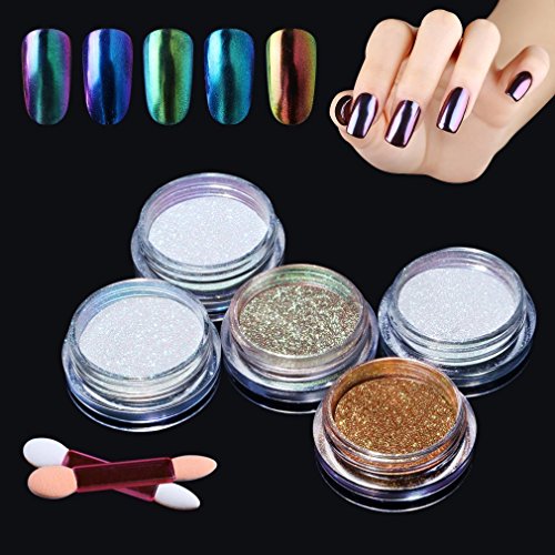 Ukiyo 5pcs Chameleon Colour-changing Mirror Chrome Powder Pigment Nail Glitter Effect Shine 1g/Box 5 Colours with Sponge Stick