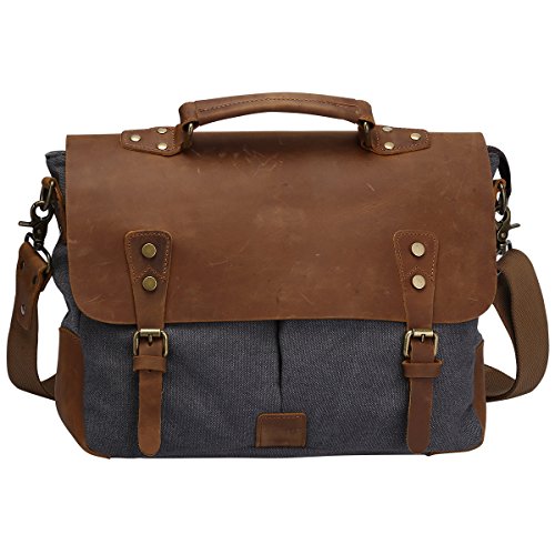 S-ZONE Vintage Segeltuch Leder Unisex Damen Herren Junge Multifunktiontasche Umh  ngetasche Henkeltaschen Laptoptasche Beutel f  r Arbeit Studium Reis